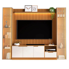 Rack com Painel Tucumã Ripado 1.8 com Prateleira 2 Torres e Led 4 Portas 1 Gaveta Jb Bechara Rack com Painel Tucumã Ripado 1.8 com Prateleira 2 Torres e Led 4 Portas 1 Gaveta Jb Bechara