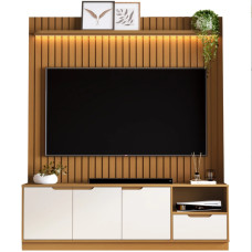 Rack com Painel Tucumã Ripado 1.8 com Prateleira e Led 3 Portas 1 Gaveta Jb Bechara Rack com Painel Tucumã Ripado 1.8 com Prateleira e Led 3 Portas 1 Gaveta Jb Bechara