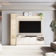 Rack com Painel Tucuma Ripado 1.8 com Prateleira 1 Torre e Led 4 Portas 1 Gaveta Jb Bechara Rack com Painel Tucuma Ripado 1.8 com Prateleira 1 Torre e Led 4 Portas 1 Gaveta Jb Bechara