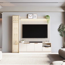 Rack com Painel Tucuma Ripado 1.8 com Prateleira 1 Torre e Led 4 Portas 1 Gaveta Jb Bechara Rack com Painel Tucuma Ripado 1.8 com Prateleira 1 Torre e Led 4 Portas 1 Gaveta Jb Bechara